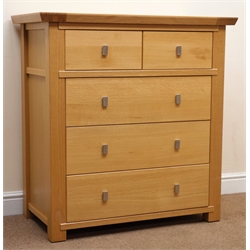  Ponsfords of Sheffield light oak chest, two short and three long drawers, stile supports, W100cm, H103cm, D50cm  