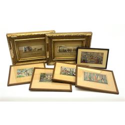 A pair of gilt framed Stevengraph silk pictures, The good old days, and The present time, together with five further later framed silk pictures. 