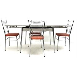 Mid 20th century retro extending table, Formica, chrome tapering supports (165cm, H77cm, D70) and set four chrome framed dining chairs, upholstered seat (W46cm)