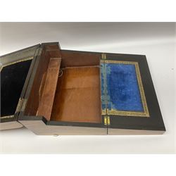 Victorian mahogany writing slope, the brass bound hinged cover opening to reveal tooled leather and gilt interior with two glass inkwells, together with a similar parquetry inlaid writing slope, with central mother of pearl inlay enrgraved 'Sarah', tallest H17cm 