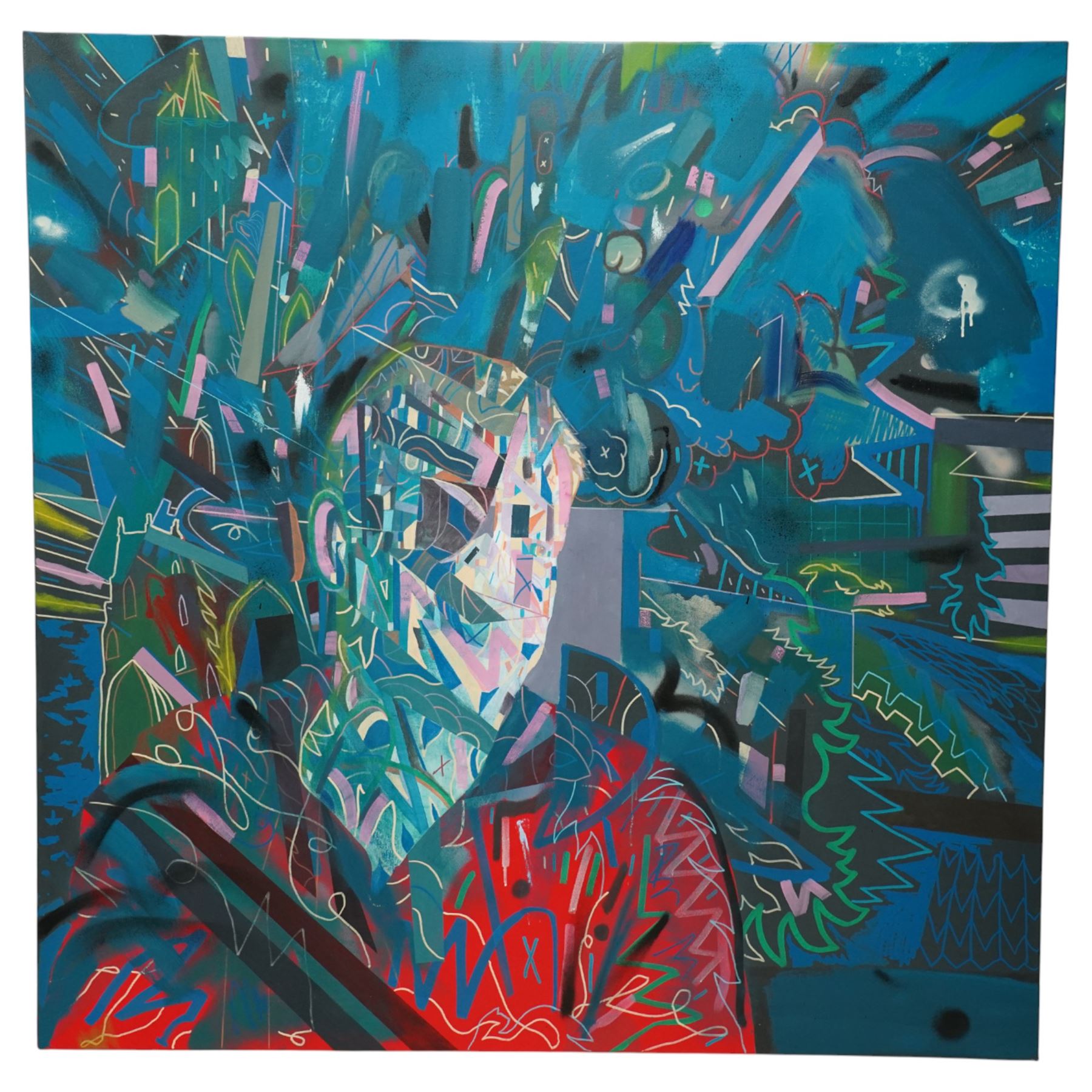 Contemporary and Street Art School (21st Century): Abstract Portraits, pair mixed medias on canvas overpainted with graffiti 140cm x 140cm