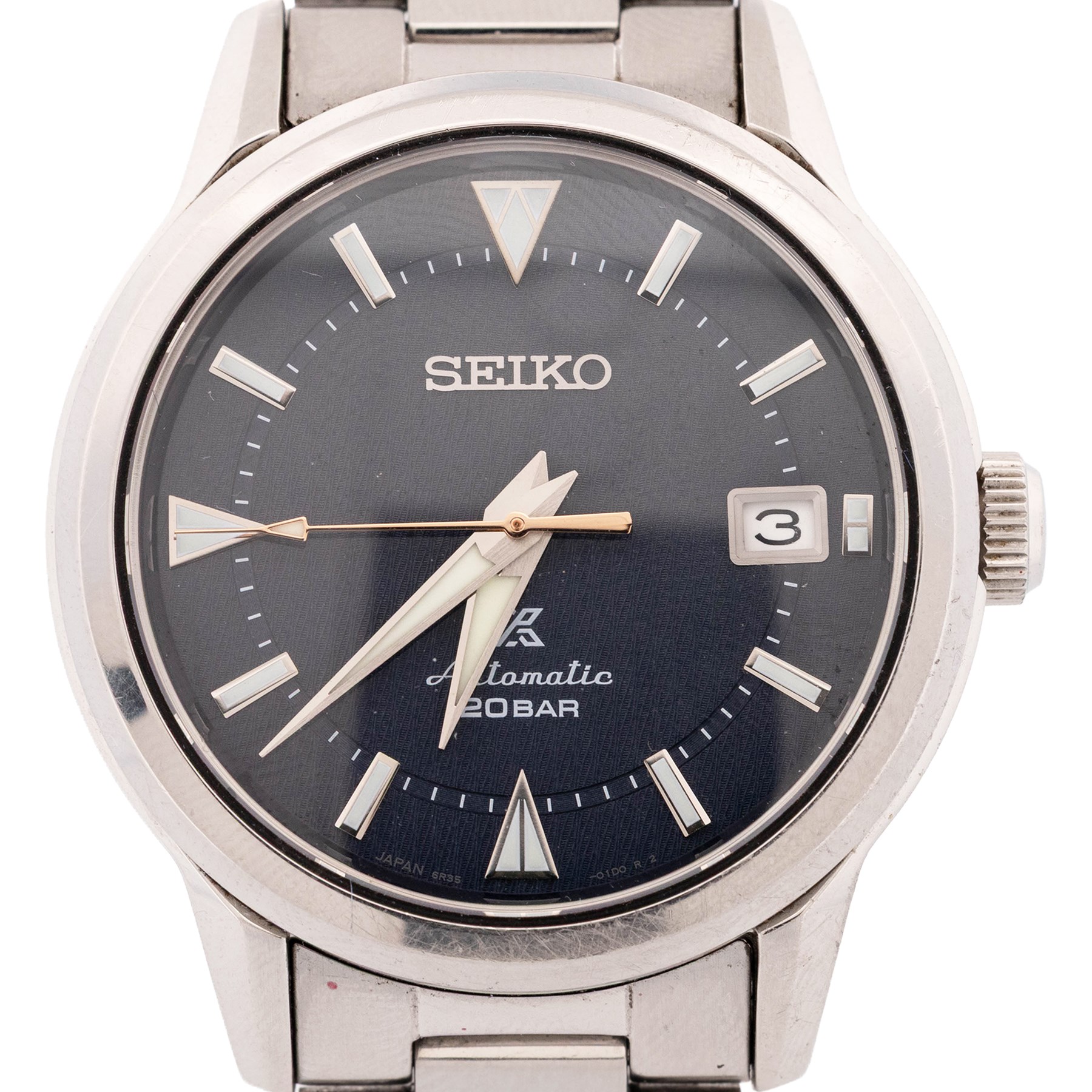 Seiko Prospex Alpinist gentleman's stainless steel automatic wristwatch, Ref. 6R35-01M0, blue dial with luminous baton and dagger hour markers and date aperture, on stainless steel bracelet, with fold-over clasp, boxed
