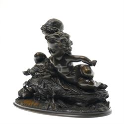 French School (20th Century); bronze depicting putti feeding a swan from a rock, unsigned, H26cm 