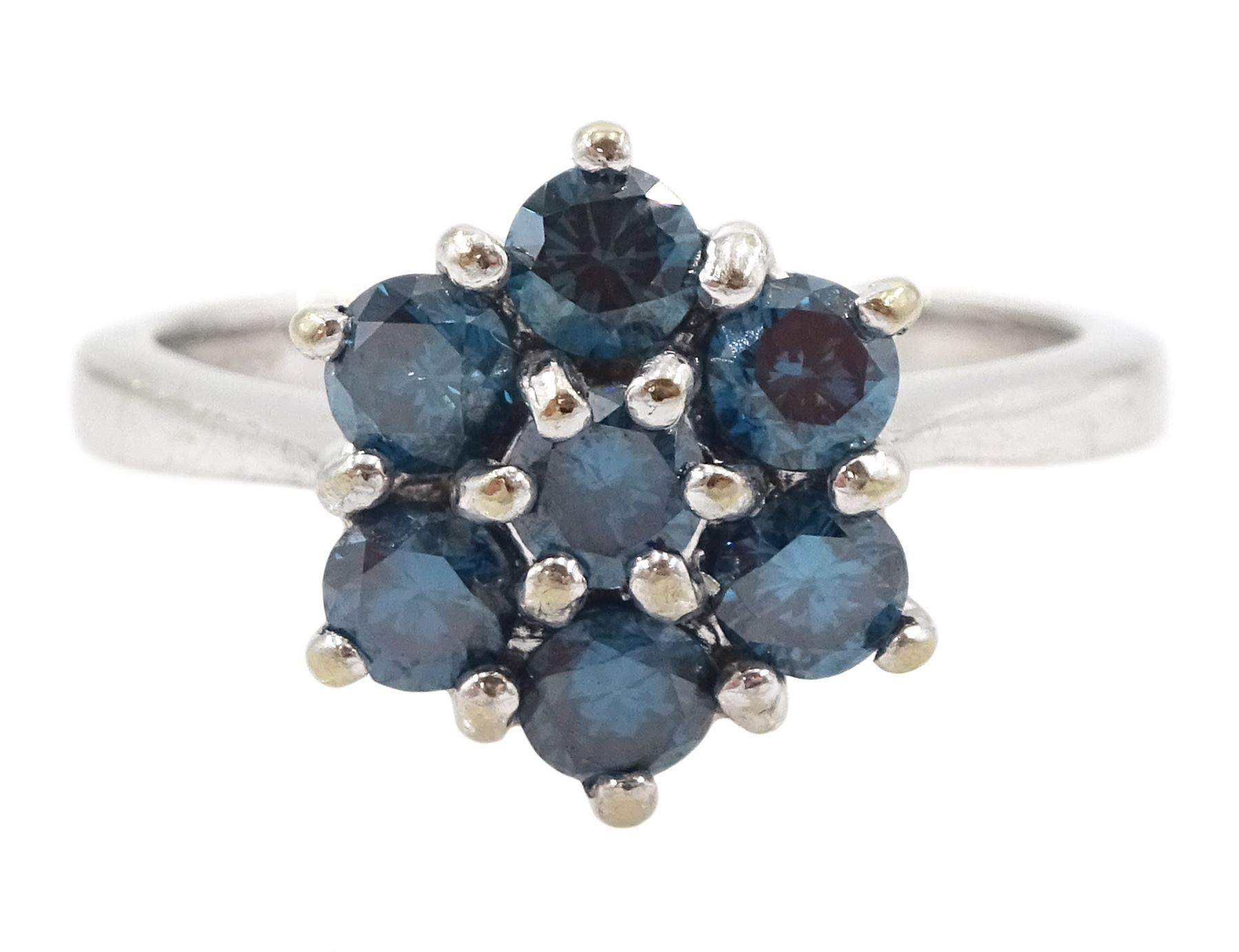 18ct white gold seven stone, round brilliant cut blue diamond flower head cluster ring, hallmarked, total diamond wight approx 0.80 carat