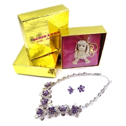  Butler & Wilson crystal flower necklace with matching ear-rings and teddy bear key-ring boxed  