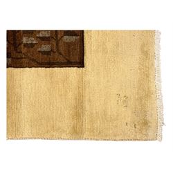 Mid-20th century Persian Bakhtiari rug, ivory ground with alternating dark brown and ivory panels featuring geometric and floral designs, bordered by a plain ivory band