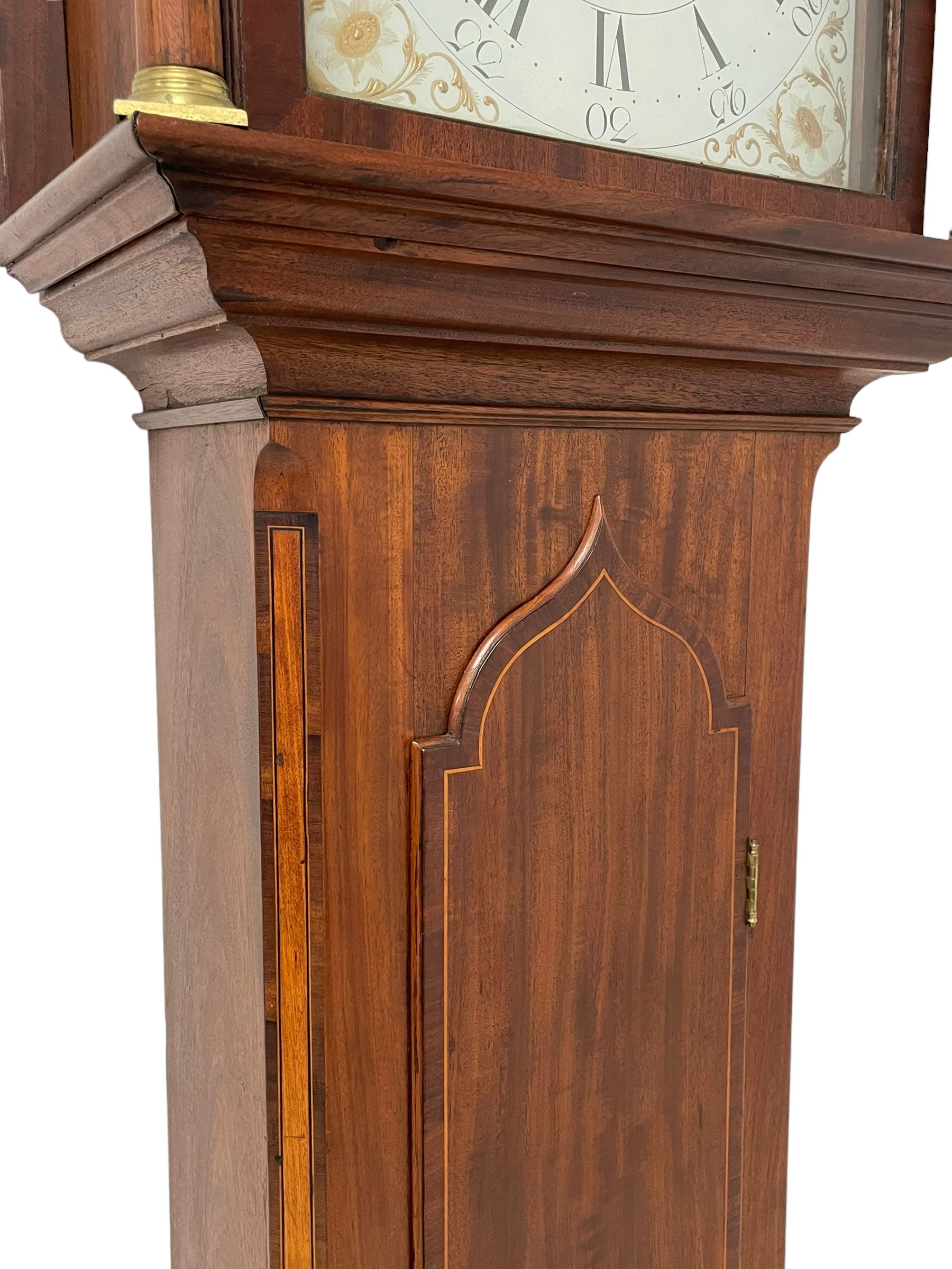 Thomas Greaves of Newcastle - late 18th century 8-day mahogany longcase clock c1790, with a flat topped hood and break arch hood door flanked by pilasters with Corinthian capitals, trunk with canted corners and ogee spire topped trunk door, rectangular plinth on a decorative stepped base,  early painted dial with raised gesso spandrels and a painted oval landscape to the arch, with matching steel hands, Roman numerals, five minute Arabic's and minute markers, subsidiary seconds dial and calendar aperture,  dial pinned via a cast falseplate to a rack striking movement with a recoil anchor escapement, striking the hours on a bell. With pendulum and weights.