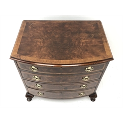  George l style crossbanded and figured walnut bow front chest, the four graduated cockbeaded drawers with brass handles and shaped escutcheons on cabriole feet, W76cm D55cm, H74cm   