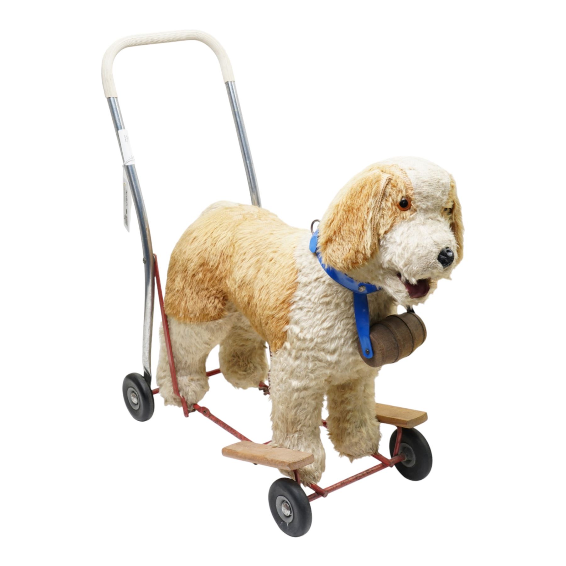 Pine Dolls crib, Pedigree push along rescue dog, warming pan and John Watts mahogany folding tray