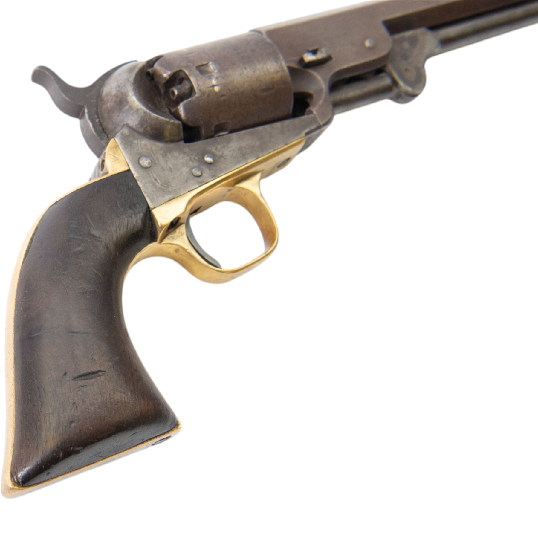 Colt .36 navy percussion revolver, with octagonal 7 1/2in. barrel top flat marked Address Col Samd Colt New York US America, frame stamped `Colts Patent' matching serial numbers, 112625, iron frame marked Colts Patent, brass grip-straps and trigger guard, smooth flared walnut grip, overall L33cm