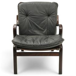 Mid-20th century Danish stained bentwood framed easy armchair, slatted back over shaped arms, mesh seat and rear-splayed supports, with black leather-upholstered loose back and seat cushions 