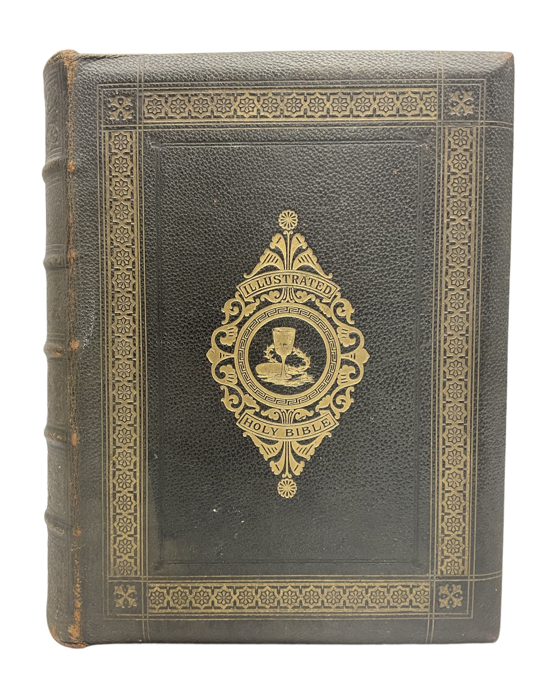 19th century The Illustrated Family Bible with Explanatory Critical & Devotional Commentary, published by  A Fullarton & Co, leather-bound with gilt decoration to cover, with the family register filled in for the Duggleby & Dunn family of Beverley