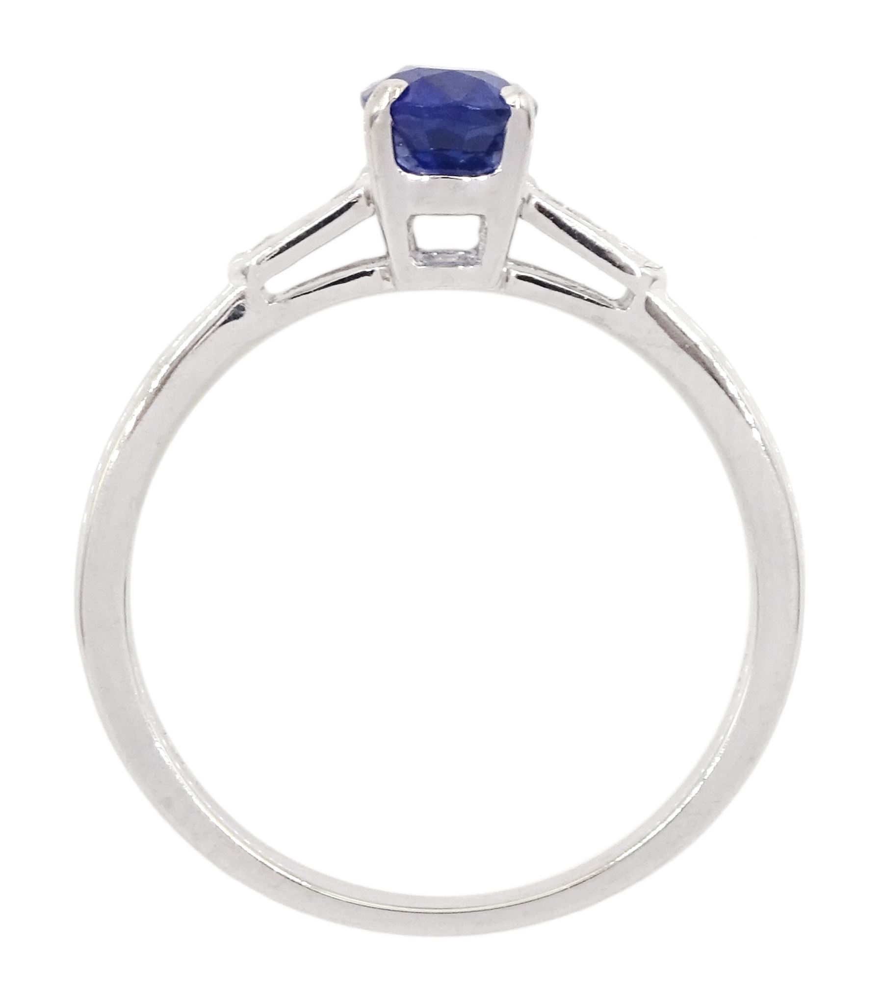 18ct white gold sapphire and diamond ring, single oval cut sapphire of approx 1.20 carat, with diamond set shoulders, hallmarked
