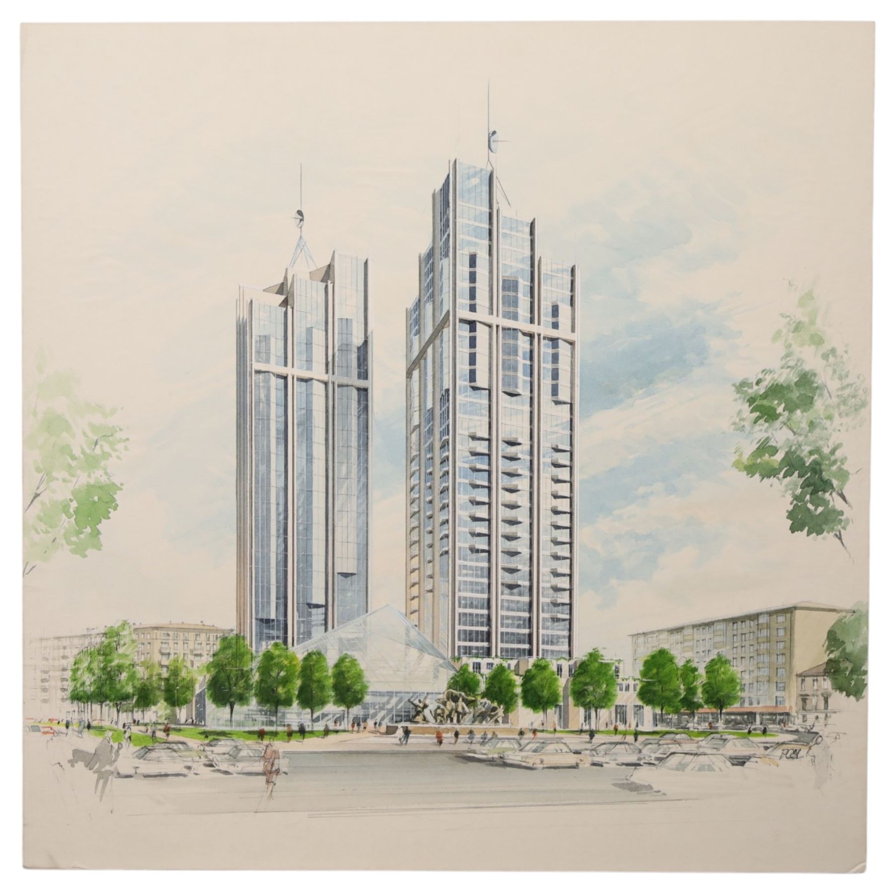 Paul Freeman (British 20th Century): Architectural perspective of Skyscrapers - Moscow, watercolour heightened with white and pen signed 42cm x 42cm (unframed)