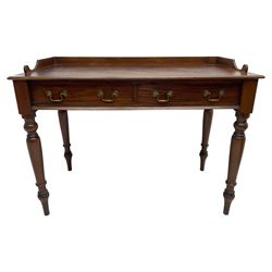  Victorian design mahogany washstand, raised back over rectangular moulded top, fitted with two drawers, on turned supports