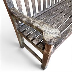 Teak garden bench, wavy shaped rail and slatted seat, with matching coffee table (2)