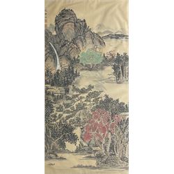 Chinese School (19th/20th century): Landscape with Waterfall and Figures, watercolour signed 136cm x 66cm