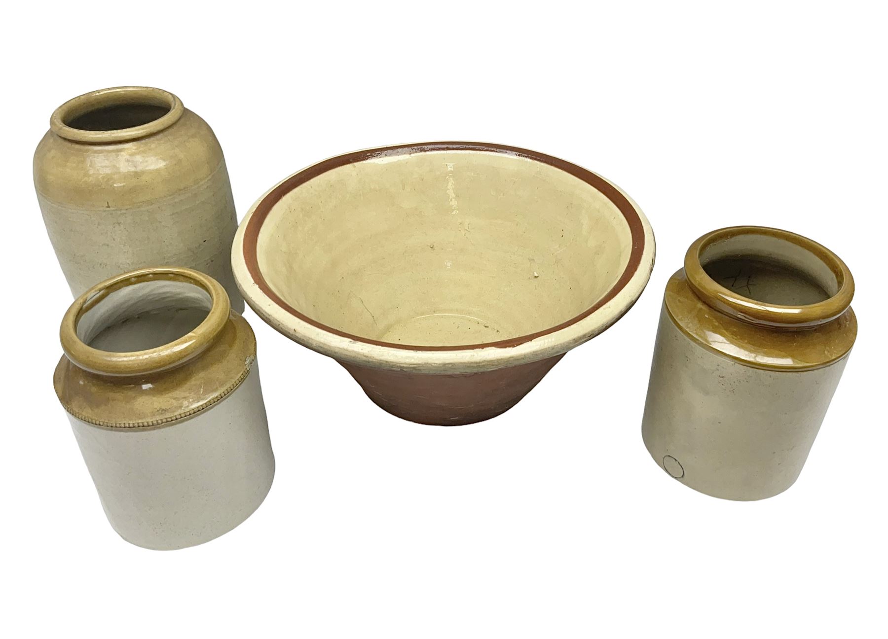 Terracotta bread proving bowl, together with three stoneware jars, tallest H26.5cm