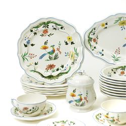 Gien France faience tea and dinner service in the 'Oiseaux de Paradis' pattern comprising six dinner plates, eight dessert plates, eight soup bowls, four cups, six saucers, oval plate, milk jug and sugar bowl and cover