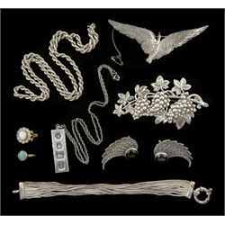 9ct gold opal triplet ring and a 9ct gold opal and cubic zirconia cluster ring and a collection of silver jewellery including large bird brooch, marcasite and black onyx winged stud earrings, bracelet, two necklaces and a grape vine brooch