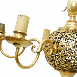 Art Nouveau pierced globe and six branch chandelier, each scrolled branch holding a single candle-style bulb holder and fitted bobeche, with four matching sconces, chandelier H55cm