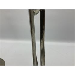 Archibald Knox (1864-1933) for Liberty & Co, pair of Tudric pewter candlesticks, the bud shaped sockets raised upon three angular fin supports and a slightly domed circular base with cast stylised foliate decoration, each stamped beneath Tudric 0223, H30cm