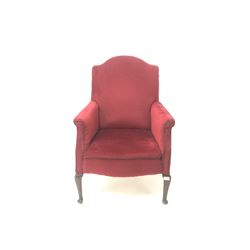 Early 20th century armchair, upholstered in a red fabric, cabriole feet