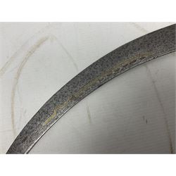 Late 19th/early 20th century Moroccan nimcha dagger-sword, the 40cm curving steel blade with engraved decoration on both sides; shaped hardwood hilt inlaid with brass, white metal wires and red coloured panels; in similarly inlaid scabbard L61cm overall