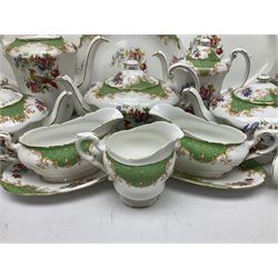 Paragon Rockingham pattern part tea and dinner service including three teapots, milk jug, cups and saucers of various sizes, ten soup bowls, ten side plates, ten dinner plates etc (96)