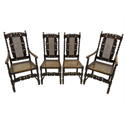 Set of seven (5+2) 19th century Carolean design oak dining chairs, scroll leaf and flower head carved cresting rail over spiral turned uprights and cane work back, the cane work seat on spiral turned supports united by plain stretchers, scrolled leaf carved middle rail 