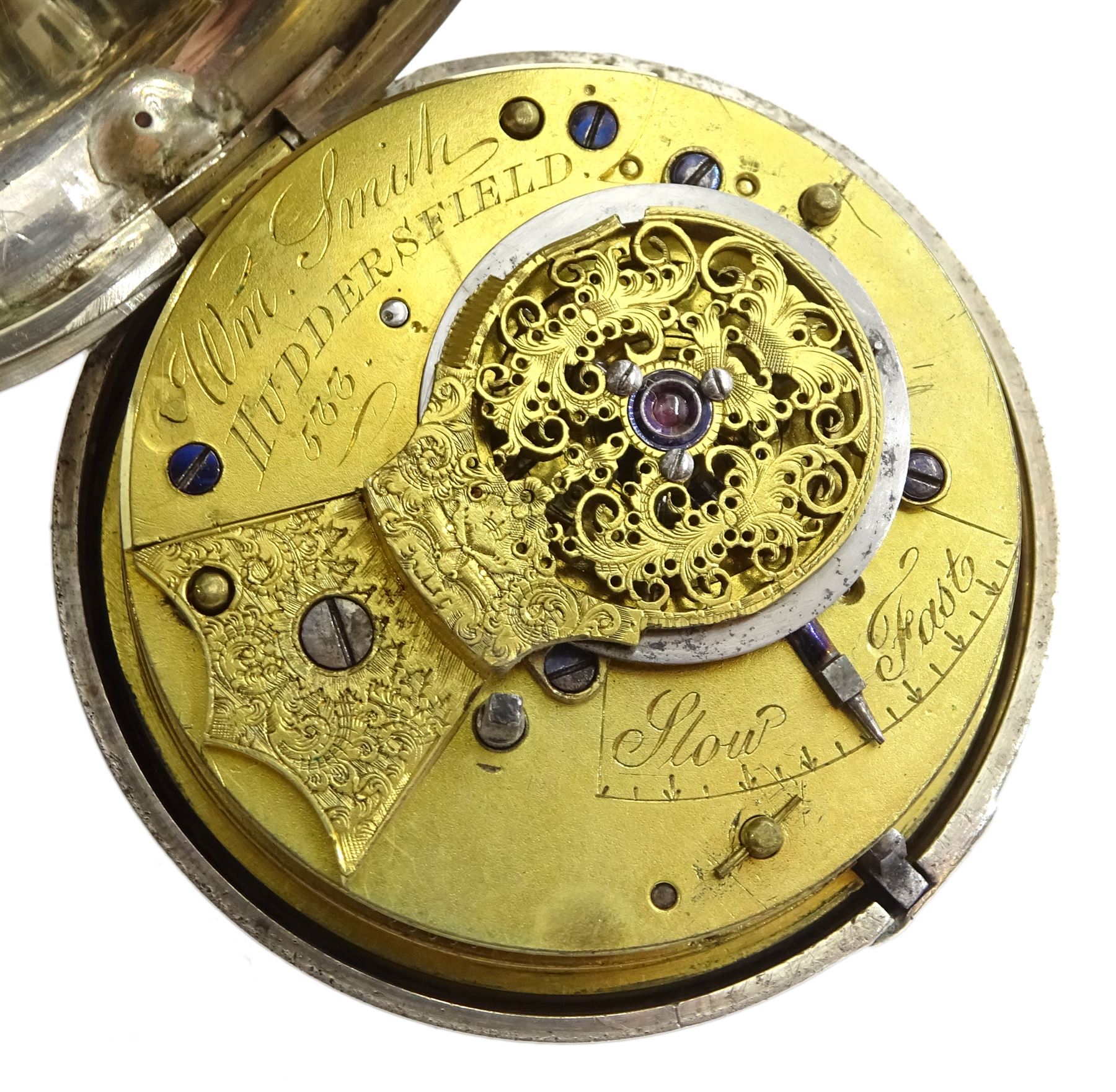 Victorian silver pair cased pocket watch by William Smith, Huddersfield, No. 533, round pillars, pierced and engraved balance cock decorated with a mask, cream enamel dial with Roman numerals, case by Vale & Rotherham, Birmingham 1835