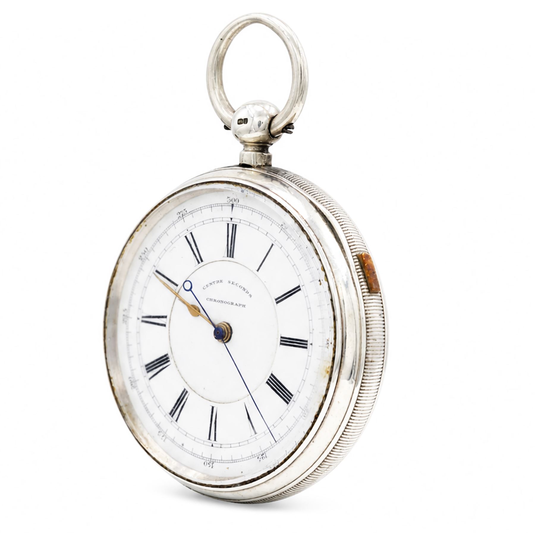 Victorian silver centre seconds key wound chronograph pocket watch No. 31808, white enamel dial with Roman numeral hour markers and outer track numbered 25-300, case by Henry Green, Chester 1889