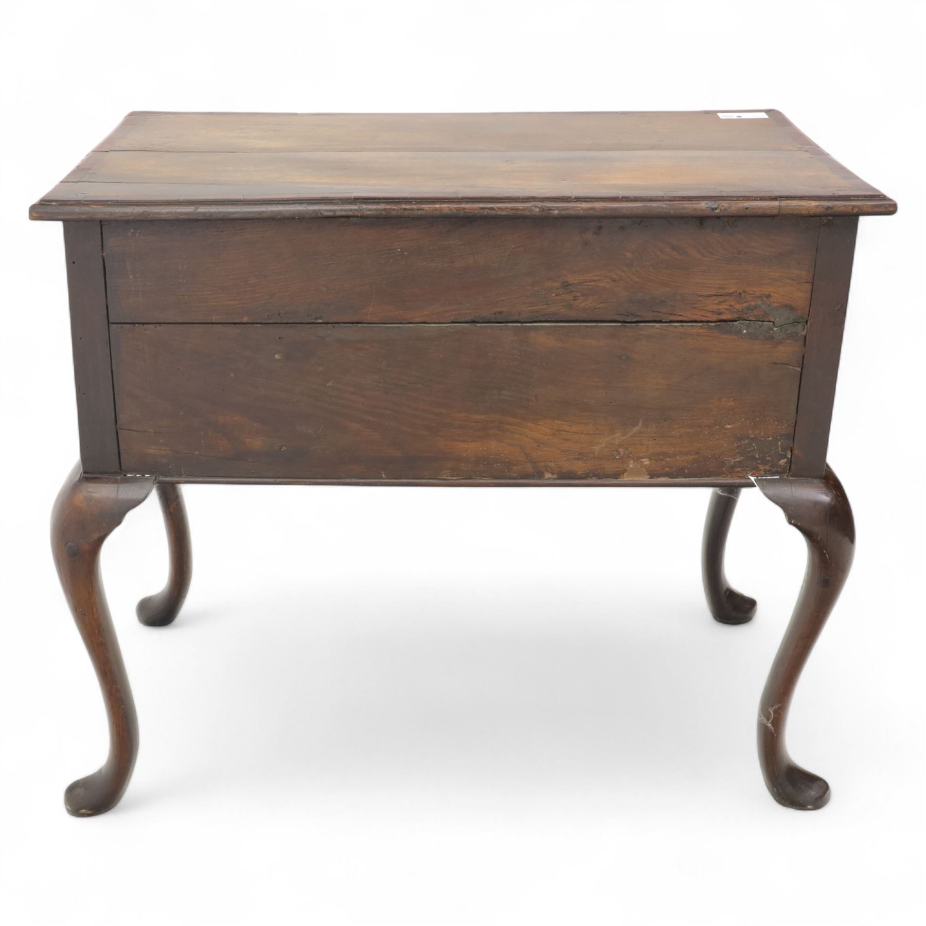 18th century oak and mahogany banded lowboy, rectangular moulded top with crossbanded edge, fitted with one long and two short drawers with brass swan neck handles, shaped kneehole apron, raised on cabriole supports with pad feet