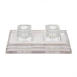 RCR lead crystal Art Deco style desk stand, with two square inkwells and two pen trays, H7cm, W28cm