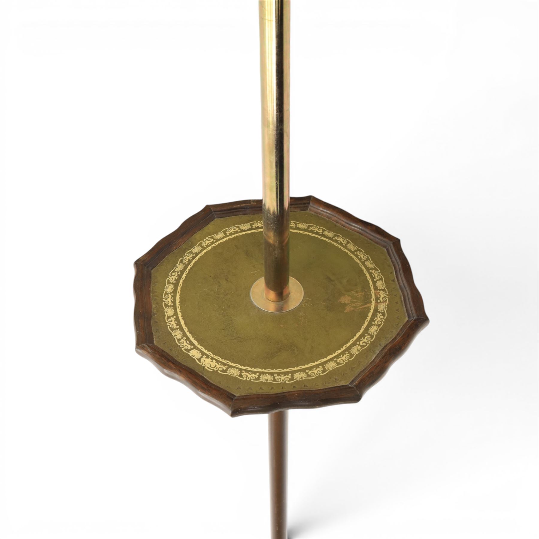 20th century floor to ceiling two branch standard lamp, with spring loaded ceiling mount, brass column, with octagonal moulded rim, green leather inset tooled 