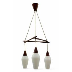 1970's Scandinavian teak three light centre light fitting, with white frosted tapered glas...