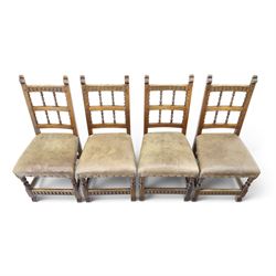 Rupert Griffiths for Monastic Woodcraft - oak 6ft refectory dining table with set six (4+2) matching chairs, rectangular top with arcaded frieze, with trestle base with further arcaded carved stretchers, chairs with carved rails and finials, leather wrapped seats with stud detail, turned supports united by carved stretcher