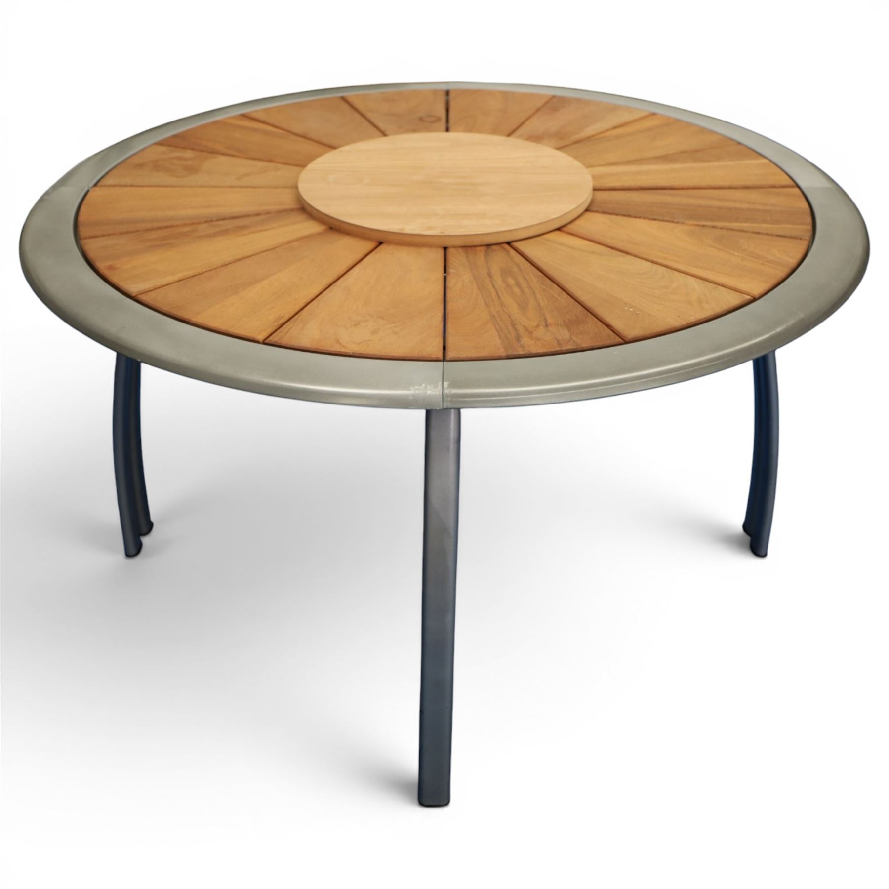 Circular metal framed and teak garden table