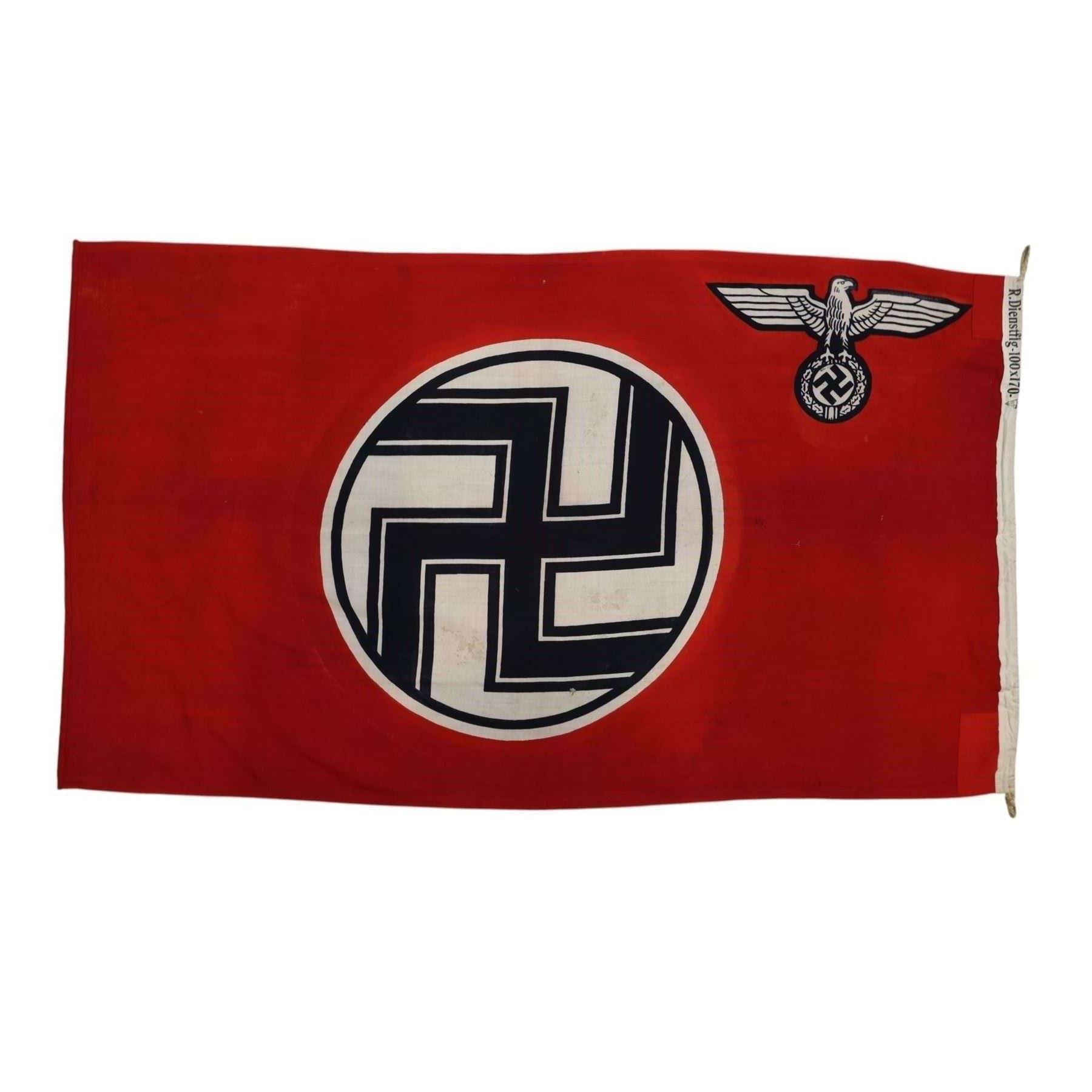 WWII German Third Reich Nazi Reichskriegsflagge, with eagle to the corner and swastika to centre, stamped to the hoist with R. Dienstflg 100cm x170cm 