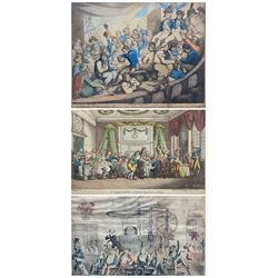 Thomas Rowlandson (British 1756-1827): 'A Table D'Hote or French Ordinary in Paris' and 'Admiral Nelson Recreating with his Brave Tars after the Glorious Battle of the Nile', two engravings with hand colouring pub. 1810 and 1798, respectively; Robert Seymour AKA Shortshanks (British 1798-1836): 'Shaving by Steam', engraving with hand colouring pub. c.1828 E King Chancery Lane max 26cm x 33cm (3)