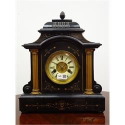  Victorian painted simulated black slate mantel clock with gilt columns and circular Roman dial, HAC 14 day movement striking on a coil, H42cm  