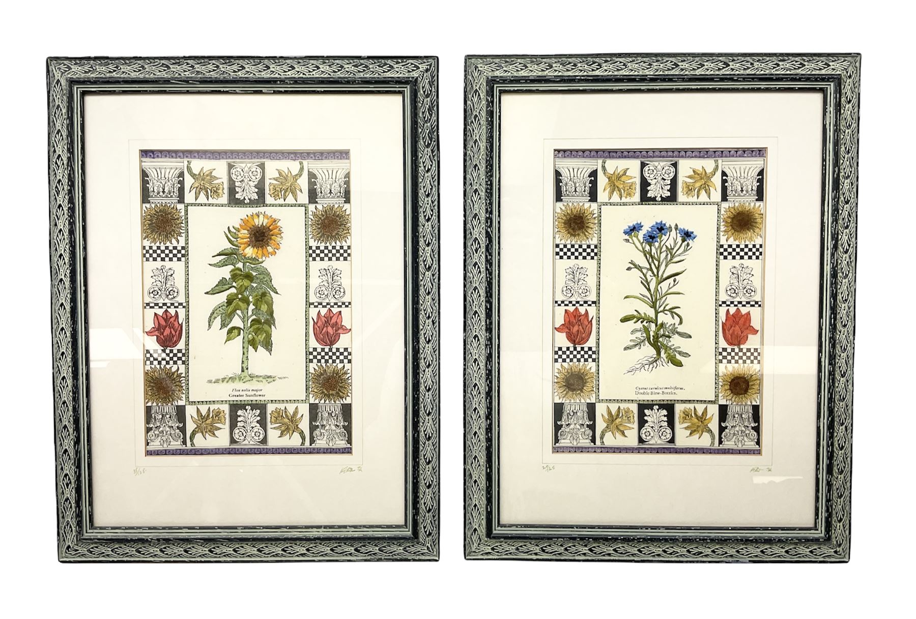 Pair of embroidered panels worked with floral studies of Greater Sunflower and Double Blew-Bottles, by Kirsten Bell, signed and dated '94, housed in glazed frames, W33cm. H43.5cm