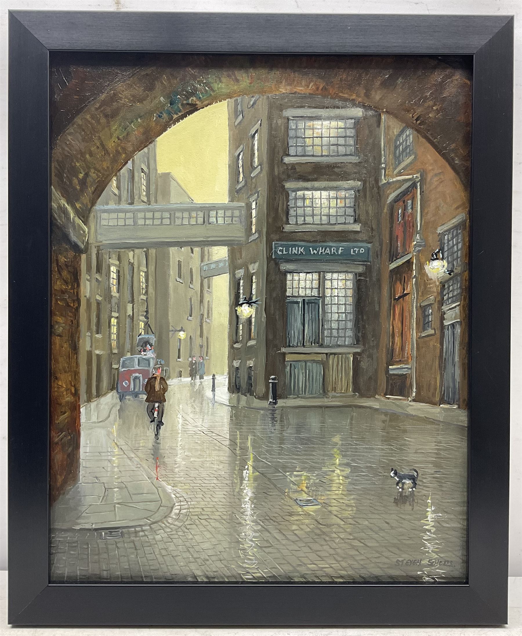Steven Scholes (Northern British 1952-): 'The Clink' Clink Street Southwark London 1962, oil on canvas signed, titled verso 49cm x 39cm