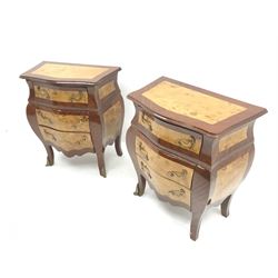 Pair French walnut commode bedside chests, three graduating drawers, shaped stile supports 