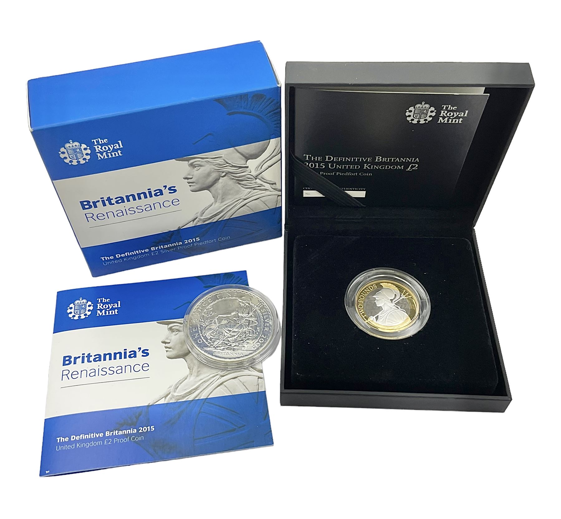The Royal Mint United Kingdom 2005 one ounce fine silver Britannia coin and 2015 'Britannia's Renaissance' silver proof piedfort two pound coin cased with certificate