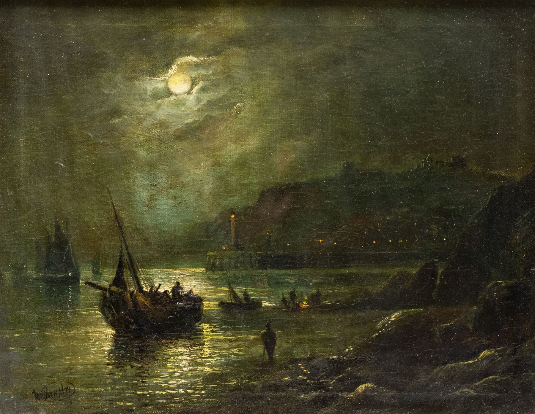 Walter Linsley Meegan (British c1860-1944): Whitby Harbour from Upgang by Moonlight, oil on canvas signed and dated 1878, 33cm x 43cm 
Provenance: private collection, purchased David Duggleby Ltd 25th March 2023 Lot 79; Meegan was the  maternal great-grandfather of the original vendor.