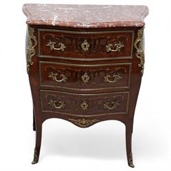Early 20th century French walnut and rosewood marquetry bombe chest, shaped marble top over three drawers, each with gilt-metal cock-beading and handles, inlaid with overall floral decoration, flanked by gilt metal scrolling cartouche mounts and matching apron, on splayed supports