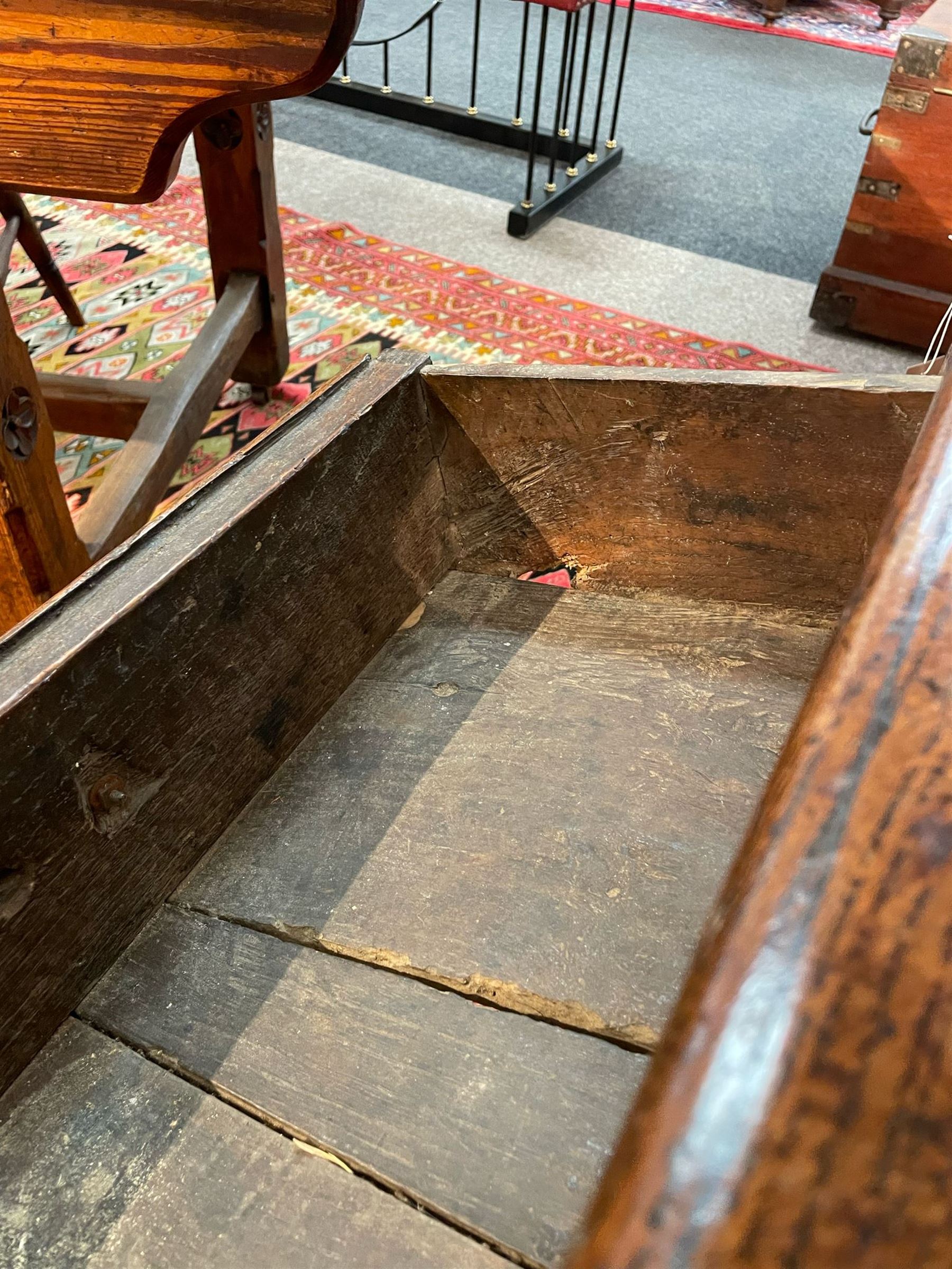 18th century oak dresser base, moulded rectangular top over two drawers and shaped apron, moulded drawer fronts fitted with shaped brass handle plates and swan neck handles, on chamfered square supports united by pot board base 