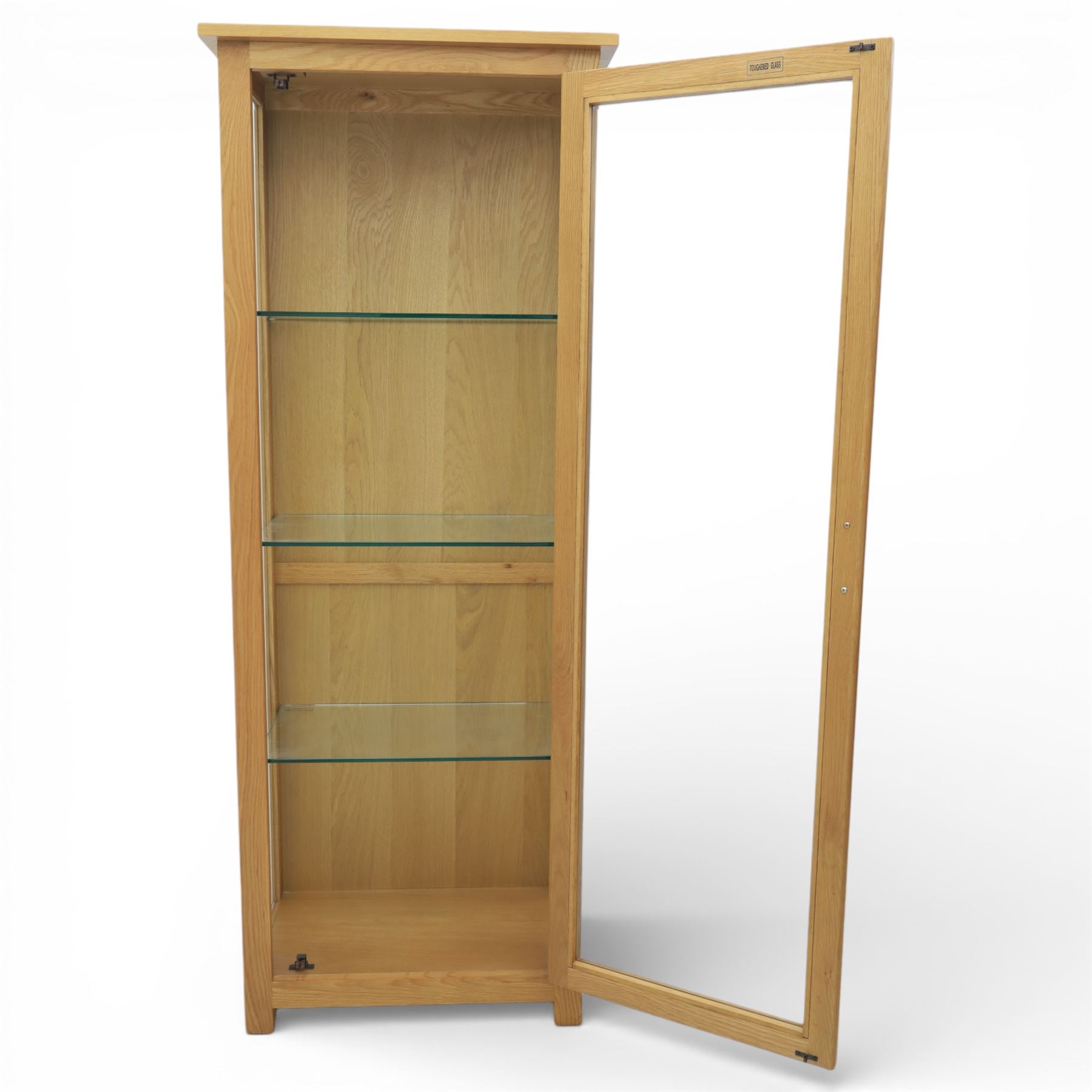 Contemporary light oak display cabinet, fitted with glazed door and glass sides, enclosing three adjustable glass shelves 