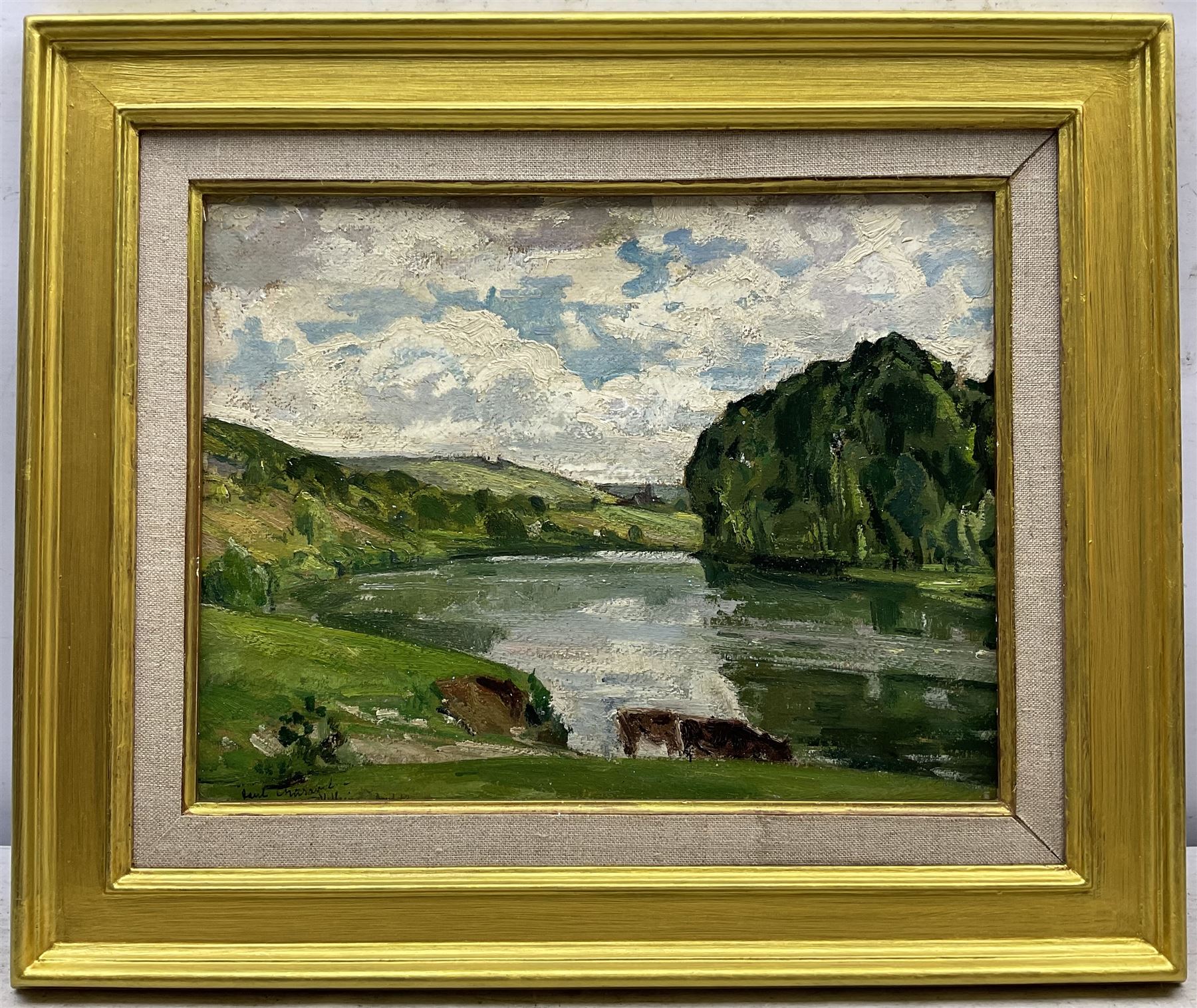 Paul Frédéric Charavel (French 1877-1961): River Landscape, oil on board signed indistinctly titled and dated '42, 26cm x 34cm